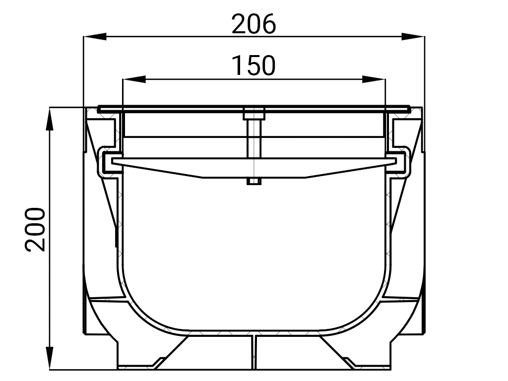 Rigolă din plastic BASE DN150 H200 cu grătare din fontă ductilă în fante clasa de sarcini C250 (1000x206xH200mm)